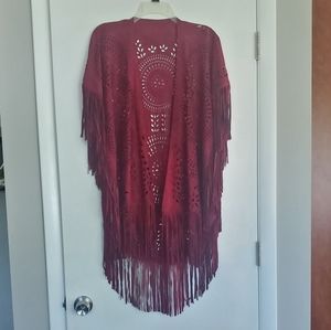 Intricate Faux Suede Lazer Cut Shaw with Fringe